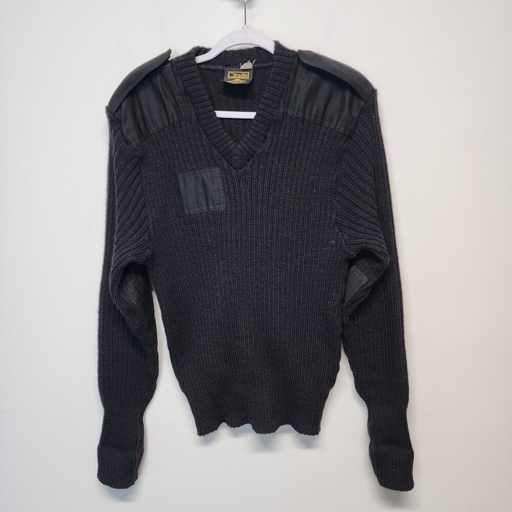 Citadel Commando Sweater Size 44 Black Crewneck Epaulette Patches Woolly Pully